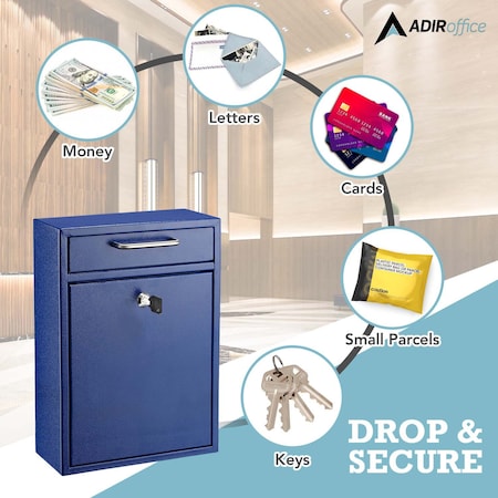 Adiroffice Large Steel Drop Box Wall-Mount Locking Mailbox, Blue ADI631-04-BLU-MK